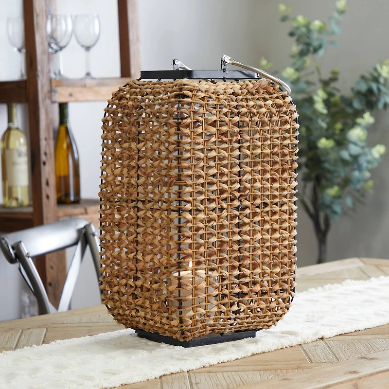 20" Brown Dried Plant Handmade Rattan Weaved Candle Lantern with Glass Holder and Handle