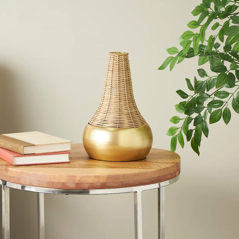 11" Brown & Gold Rattan Handmade Woven Vase