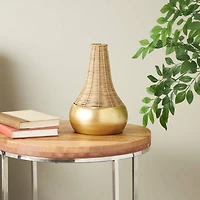 11" Brown & Gold Rattan Handmade Woven Vase