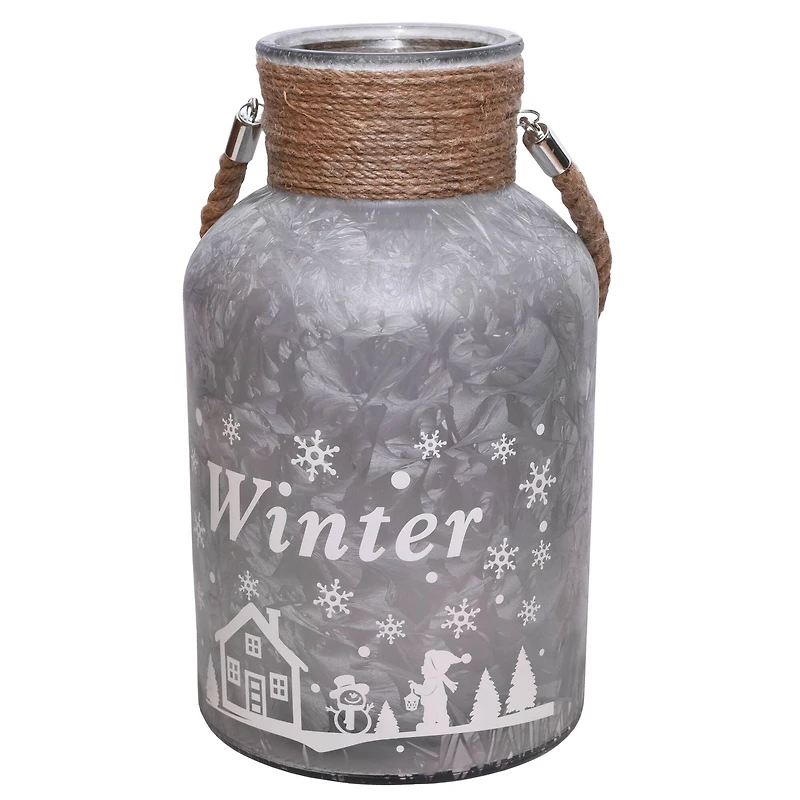 12" Silver Winter Scene Christmas Pillar Candle Lantern
