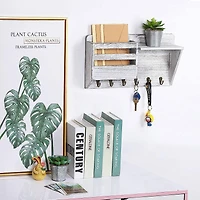 NEX™ Wall-Mounted Rustic Off-White Mail Shelf with 6 Double Key Hooks