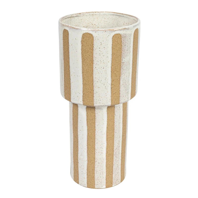 Hello Honey® 11" Cream & Brown Wax Relief Striped Round Stoneware Vase