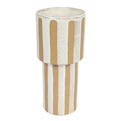 Hello Honey® 11" Cream & Brown Wax Relief Striped Round Stoneware Vase