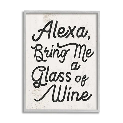 Stupell Industries Alexa Bring Me Wine Distressed Kitchen Sign with Gray Frame