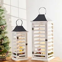 Modern Farmhouse White Wooden Shutter Lantern Set, 25.5" & 19"
