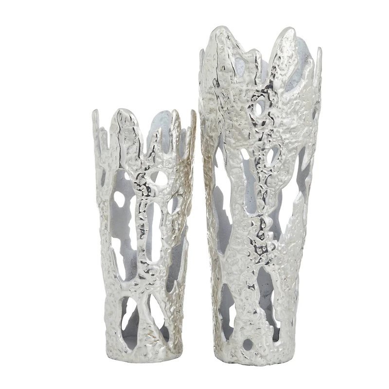 Set of 2" Silver Aluminum Contemporary Vases, 20" x 7" x 6"