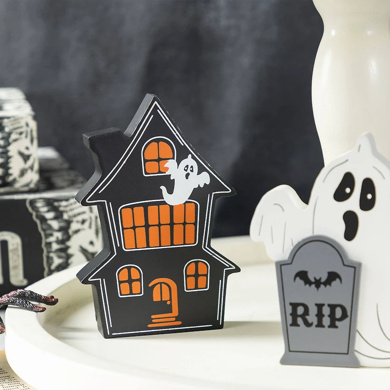 Glitzhome® Halloween Wooden Haunted House, Pumpkin & Ghost Table Block Set