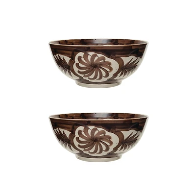Hello Honey® 14" Brown & White Hand-Painted Stoneware Bowls, 2ct.
