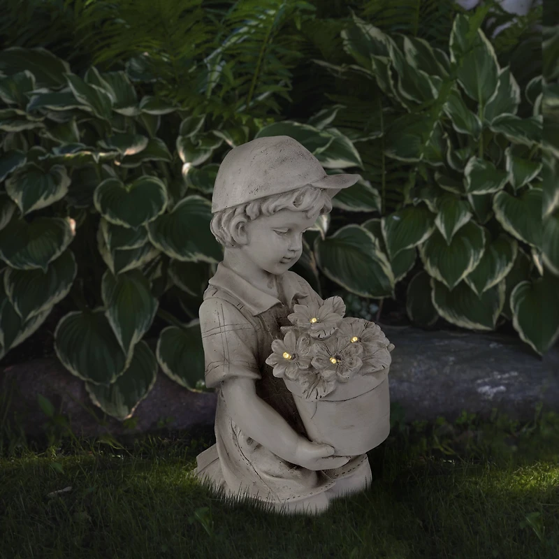 15" Solar LED-Lit Boy with Flowers Outdoor Garden Statue