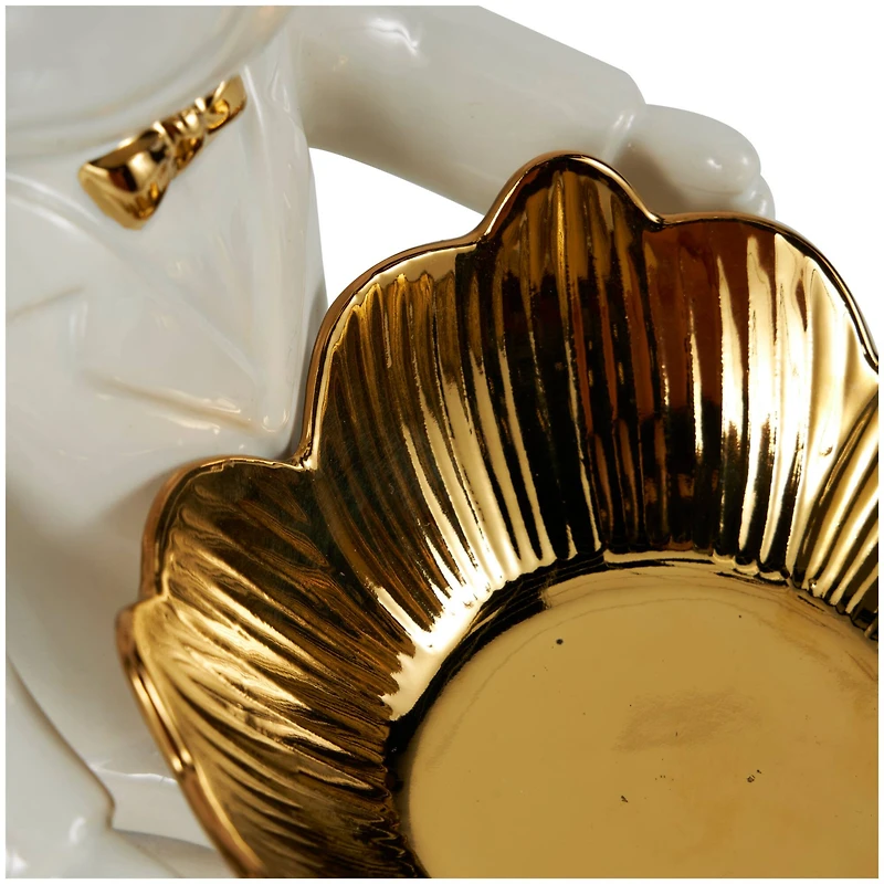 8" White Ceramic Bulldog Sculpture with Gold Accents