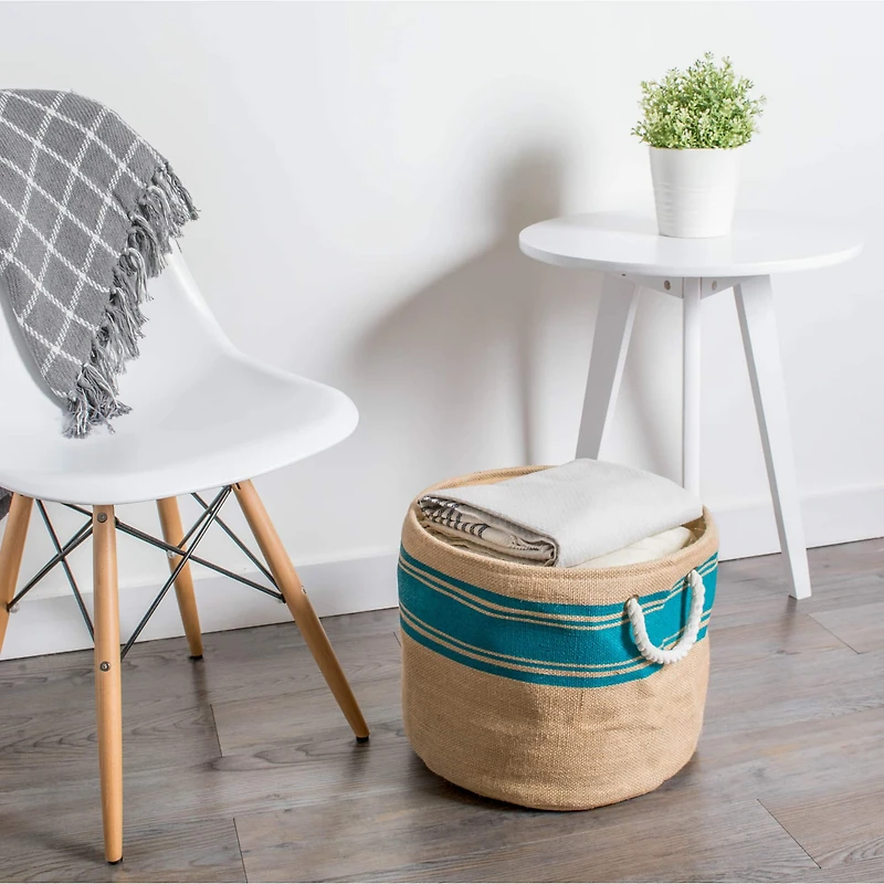 DII® 15" Border Teal Round Burlap Bin