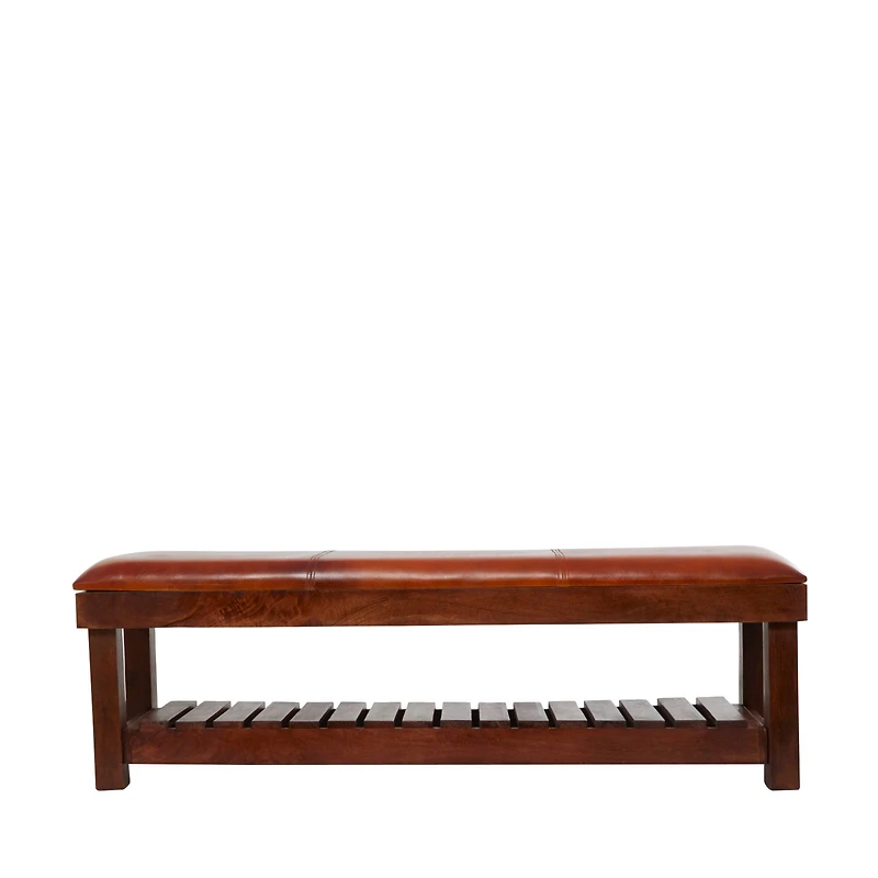61" Brown Leather Bench with Slatted Lower Shelf