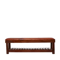 61" Brown Leather Bench with Slatted Lower Shelf