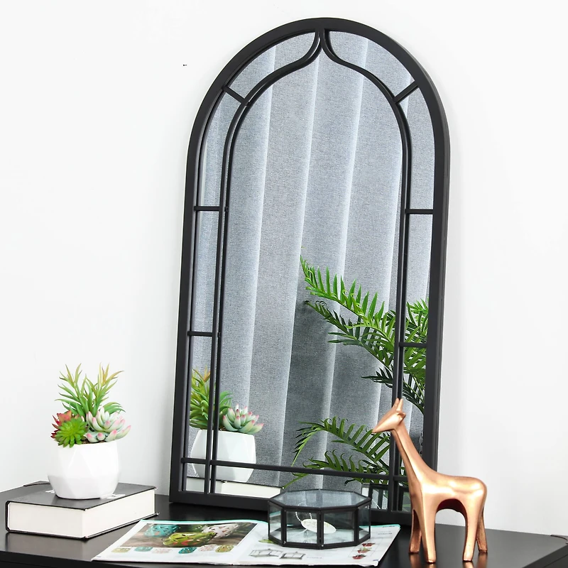 Glitzhome® 33" Black Arched Windowpane Wall Mirror
