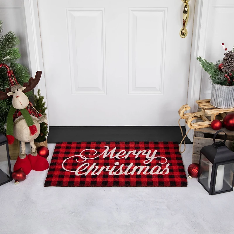 Red and Black Plaid "Merry Christmas" Natural Coir Christmas Outdoor Doormat 18" x 30"