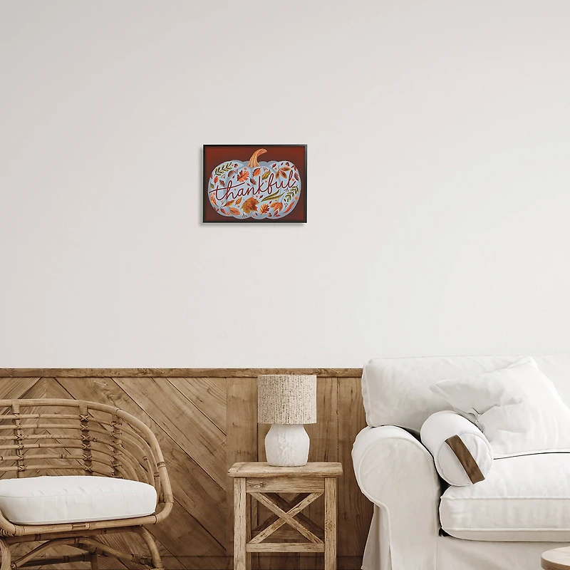 Stupell Industries Thankful Leaf Patterned Pumpkin Framed Giclee Art