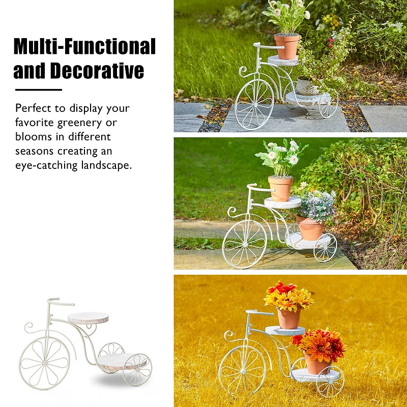 Glitzhome® 24" White Metal Tricycle Planter Stand with Solid Wood Tray