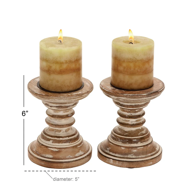 6'' Light Brown Mango Wood Traditional Candle Holder, 2ct.