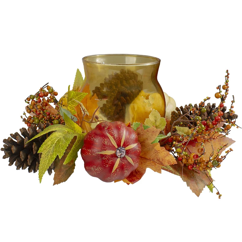 10" Pumpkin, Berry & Pinecone Tealight Candle Holder