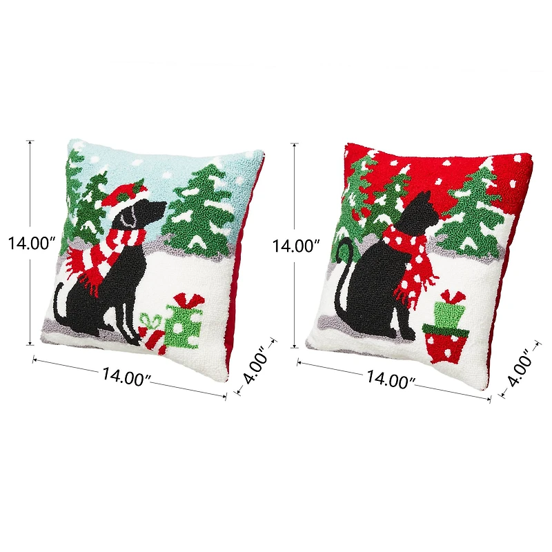 Glitzhome® Hooked Christmas Dog & Cat Throw Pillow Set