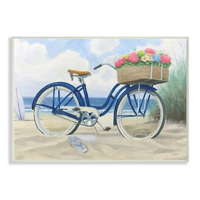 Stupell Industries Bike with Flower Basket Beach Blue Nautical Painting Wood Wall Plaque