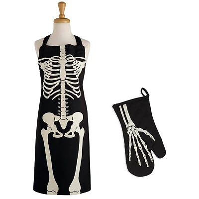 Skeleton Print Apron & Oven Mitt Kitchen Set