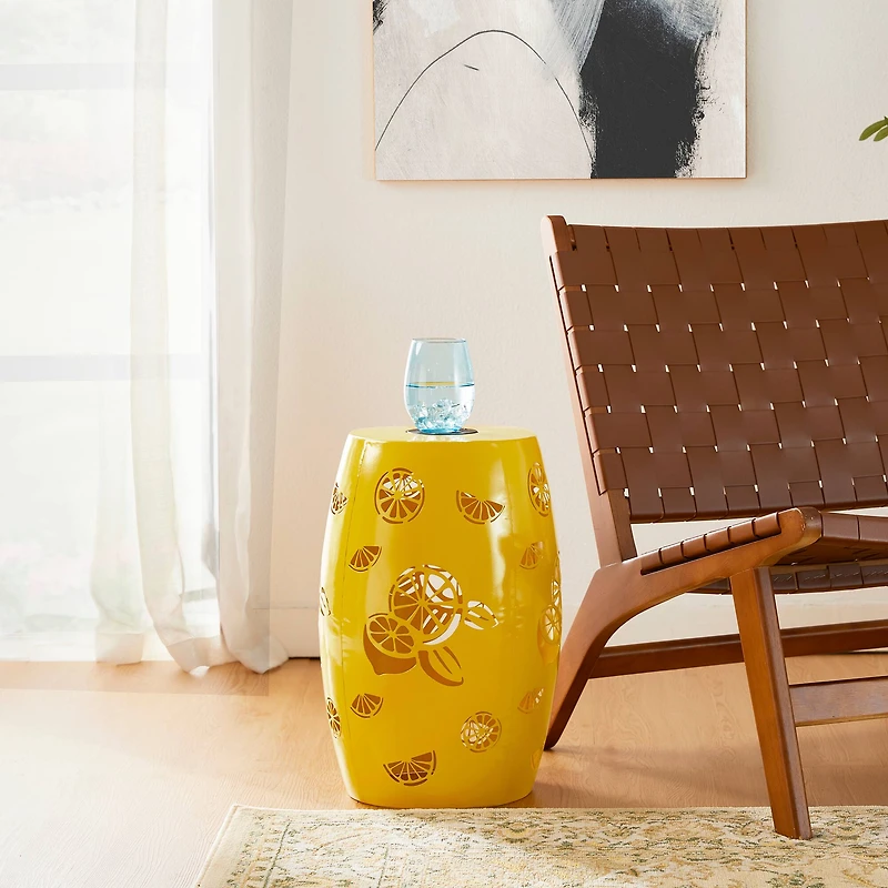 Glitzhome® 18.5" Yellow Iron Cutout Lemon Pattern Solar LED Garden Stool