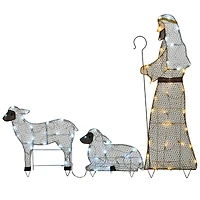 Fabric Glitter Shepherd and Sheep Set with Warm & Cool White UL LED Lights