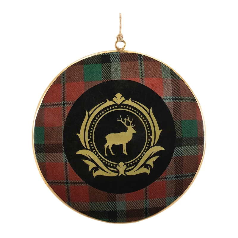 Metal Deer and Pine Tree Plaid Disc Ornament Set