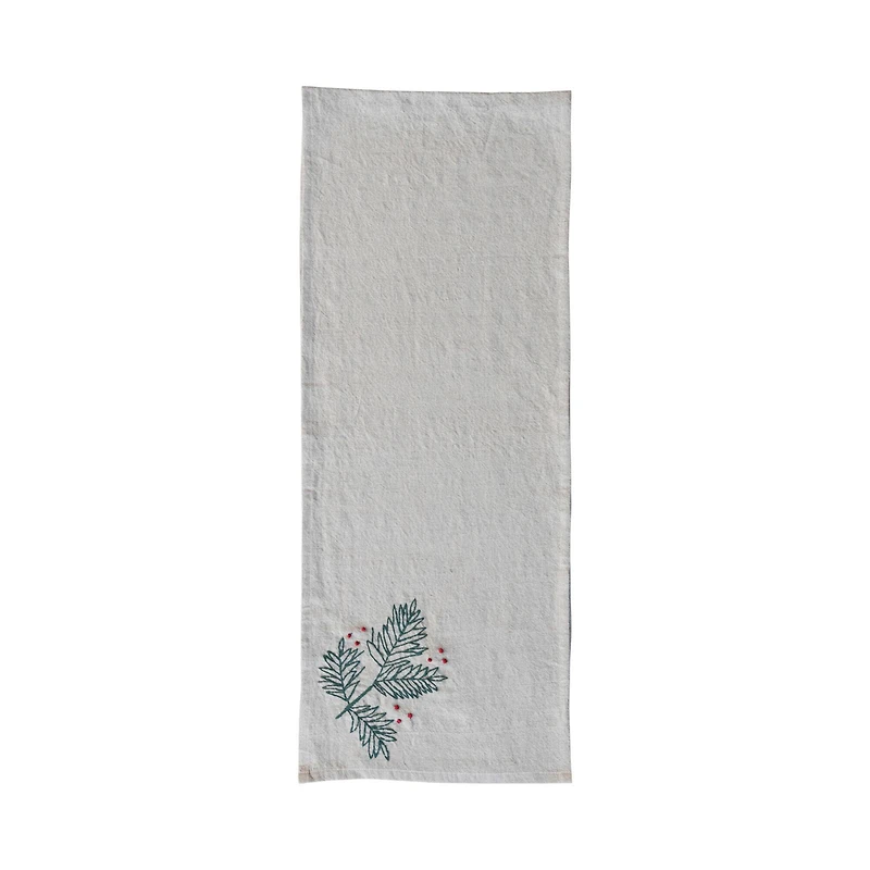 Hello Honey® 72" Natural, Green & Red Woven Cotton & Linen Table Runner with Hand-Embroidered Holly & French Knots