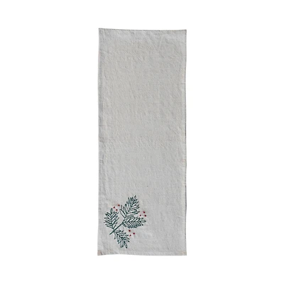Hello Honey® 72" Natural, Green & Red Woven Cotton & Linen Table Runner with Hand-Embroidered Holly & French Knots