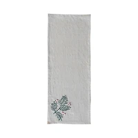 Hello Honey® 72" Natural, Green & Red Woven Cotton & Linen Table Runner with Hand-Embroidered Holly & French Knots