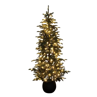 6ft. Pre-Lit Pine Artificial Christmas Tree in Black Decorative Planter with Warm White LED Lights