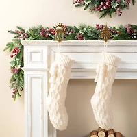Glitzhome® 22"L White Knitted Christmas Stocking with Pom-Pom Tassel