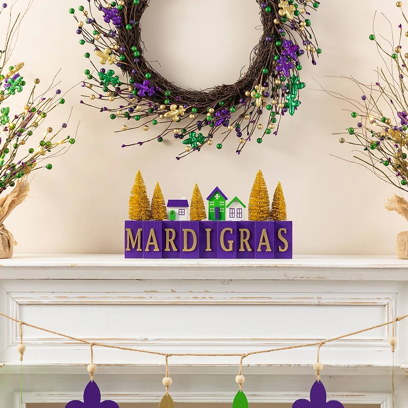 Glitzhome® 14" Mardi Gras Wooden House and Brush Trees Table Decor