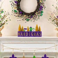 Glitzhome® 14" Mardi Gras Wooden House and Brush Trees Table Decor