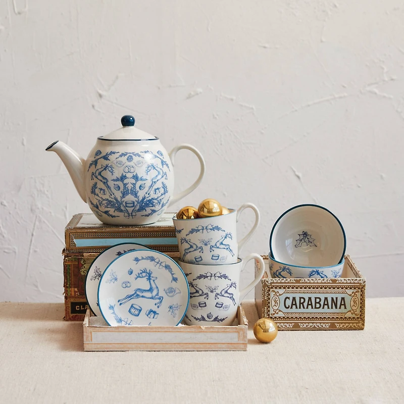 Hello Honey® 30oz. Blue & Cream Classic Holiday Stoneware Teapot with Strainer