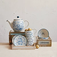 Hello Honey® 30oz. Blue & Cream Classic Holiday Stoneware Teapot with Strainer