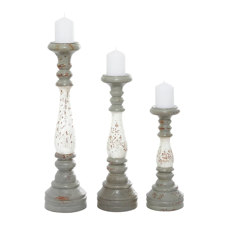 20" White & Gray Wood Farmhouse Candlestick Holder Set