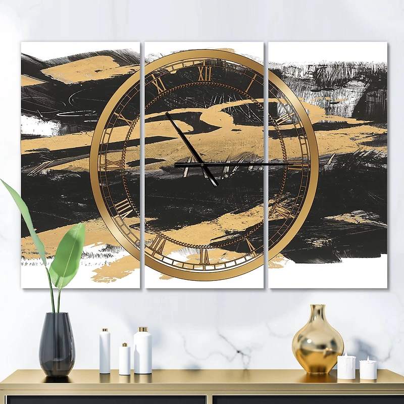 Designart 'Gold And Black Drift Iv Modern Multipanel Wall Clock