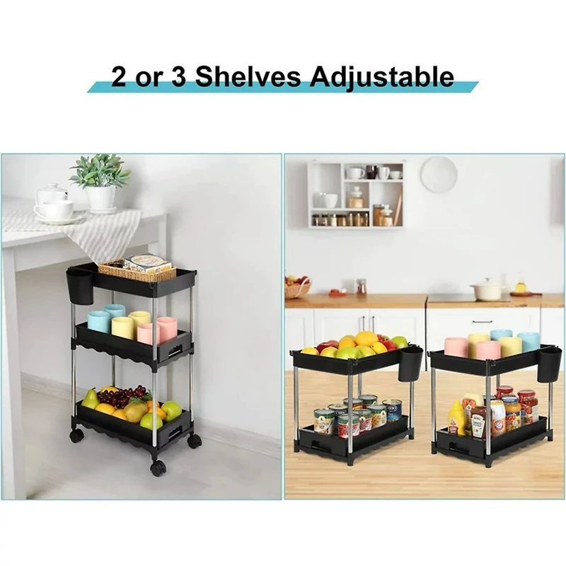 Black 3-Tier Utility Rolling Cart with Sliding Storage Drawer