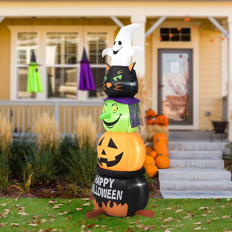 Glitzhome® 8ft. Lighted Halloween Inflatable Stacked Ghost, Black Cat, Witch & Pumpkin Décor