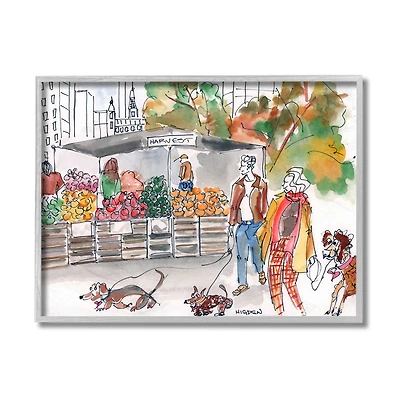 Stupell Industries Farmers Market Illustration City Dog Walkers in Gray Frame Wall Art