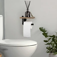 Rustic Brown Industrial Wall-Mounted Toilet Paper Holder with Wood Shelf