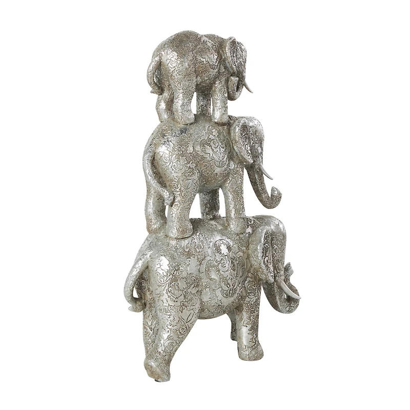 18" Silver Polystone Elephant Floral Engraved Stacked Sculpture