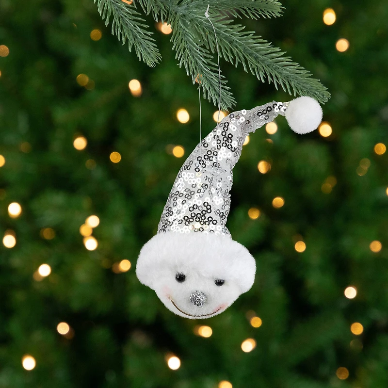 Snowman Head with Sequin Santa Hat Christmas Ornament - 6"