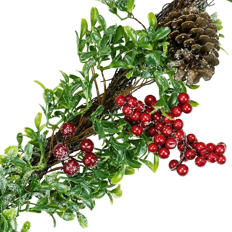 Glittered Artificial Boxwood Pine Cones & Red Berry Garland, Unlit