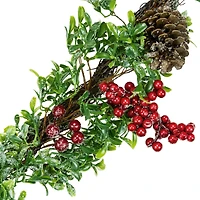 Glittered Artificial Boxwood Pine Cones & Red Berry Garland, Unlit