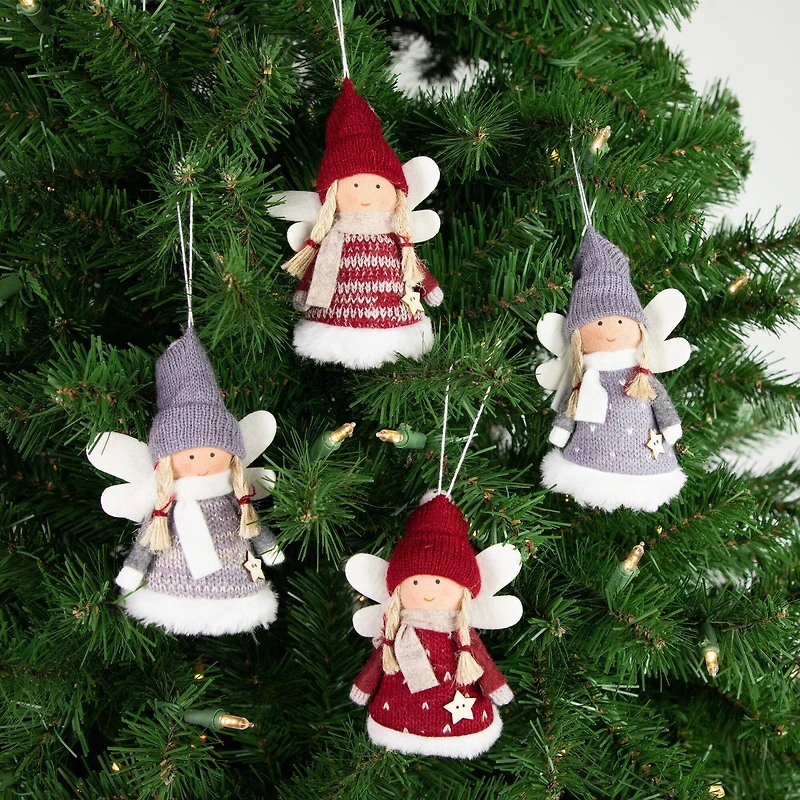 4ct. Red & Gray Plush Angel Christmas Ornaments