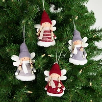 4ct. Red & Gray Plush Angel Christmas Ornaments